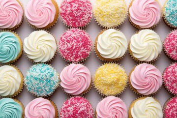 variety of cupcakes decorated with different colored sprinkles