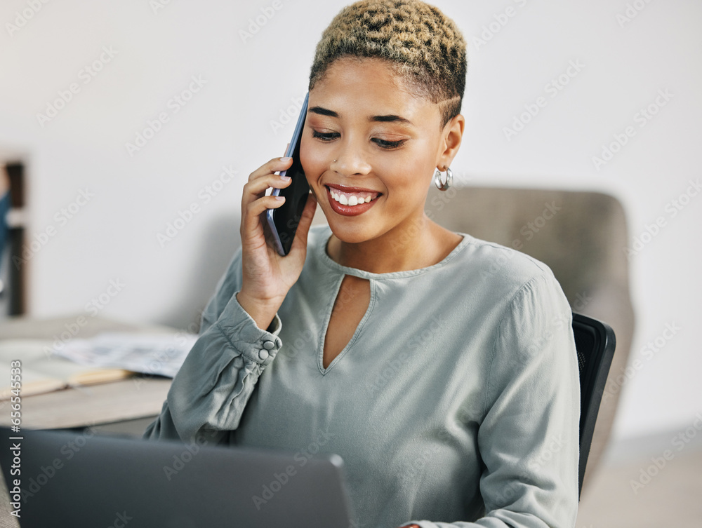 Poster Woman, phone call and programmer with connection, laptop and network with communication. Person, employee and trader with smartphone, worker and digital app with investment, savings and conversation