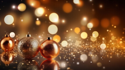 Fototapeta na wymiar Abstract background of glitter lights and golden chirstmas ball, banner, AI generated
