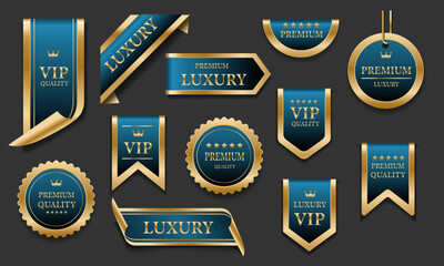 blue gold luxury premium quality label badges on grey background vector