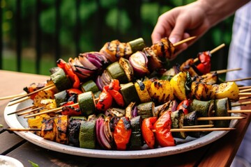 hand serving grilled veggie kabobs from a platter