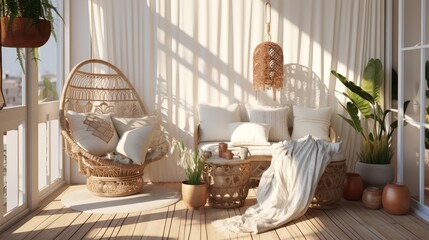 Real photo of relaxing boho zone in home. Wooden floor on terrace with comfy furniture and green plants. Decoration concept. Sunny summer day. - obrazy, fototapety, plakaty
