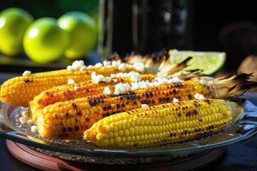 grilled corn showing contrast of white and black kernels on a glass plate
