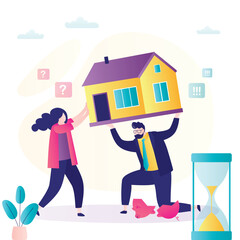 Family struggles to hold and lift the heavy load of real estate. Debt, mortgage concept. Couple with financial problems. High interest rates on loans and mortgages. Household bankruptcy.