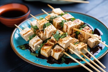 tofu skewers on a bamboo skewer and turquoise plate