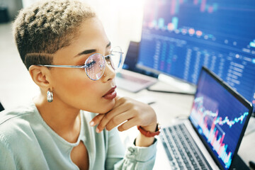 Woman with glasses, thinking and screen with charts, graphs and stocks for crypto trade. Nft, cyber...