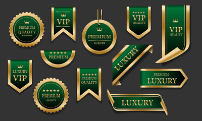 Green gold luxury premium quality label badges on grey background vector