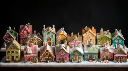 Naklejka premium Traditional Christmas village made of gingerbread houses. Merry Christmas and happy new year concept. Food for the celebration. 