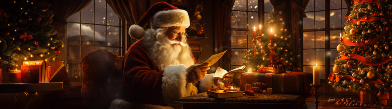 A heartfelt scene of Santa Claus joyfully reading some notes while sitting in a cozy, festively decorated room surrounded by Christmas trees and gifts.