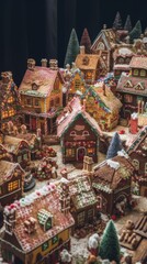 Fototapeta premium Traditional Christmas village made of gingerbread houses. Merry Christmas and happy new year concept. Food for the celebration. 