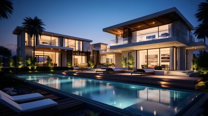 Fototapeta na wymiar Luxury modern house with swimming pool at night. Luxury home in the tropics.