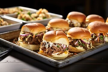 mix of ground beef and pulled pork sliders on tray