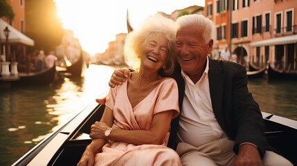 An elderly couple riding a gondola through Venice's canals during a rose-hued sunset. happy life in old age. generative AI - obrazy, fototapety, plakaty