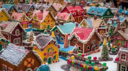 Traditional Christmas village made of gingerbread houses. Merry Christmas and happy new year concept. Food for the celebration. 