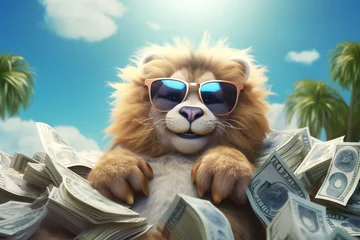 Fotobehang cute lion with sunglasses and cash © Salawati