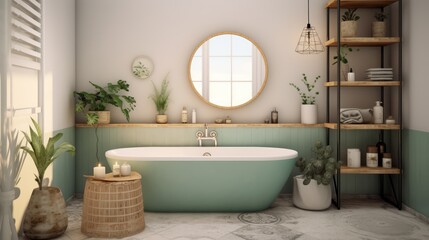 Fototapeta na wymiar Comfortable bathroom with interior design in boho chic style, bathtub, vintage commode with mirror, wicker armchair, fluffy carpet and green houseplants in flowerpots