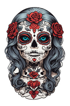  Mexican Day of the Dead catrina skull on white background