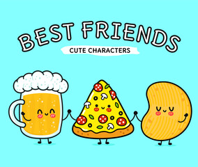 Cute, funny happy glass of beer, pizza and chips. Vector hand drawn cartoon kawaii characters, illustration icon. Funny happy cartoon glass of beer pizza chips mascot friends