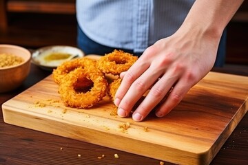 close-up of hand serving onion rings on a wooden board