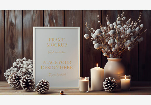 Christmas Frame Mockup: White Frame on Wooden Table with Candles, Flowers, and Candle Holders Frame Mockup Christmas New Year