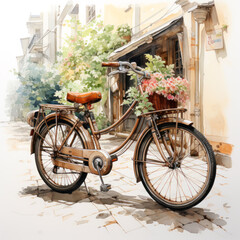Fototapeta na wymiar Watercolor bicycle in front of a brick wall