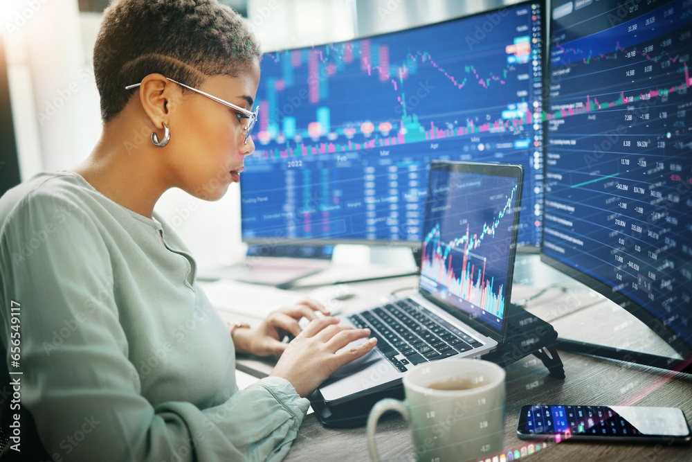 Poster trading, woman and computer with programming, laptop and stock market with investment, savings and i