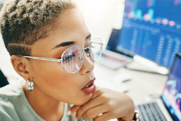 Woman with glasses, thinking and reflection of screen with info, market growth and stocks in crypto trade. Nft, cyber consultant or broker reading stats on defi data, brainstorming and research ideas