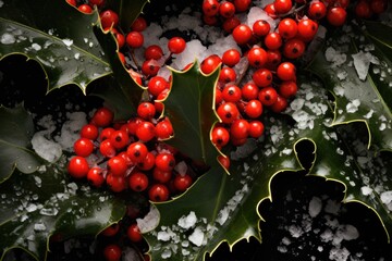 close-up of holly leaves and berries in snow