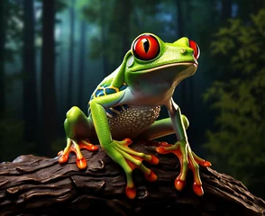 Abwaschbare Fototapete 3d illustration of a green tree frog sitting on a stone. © Gorilla Studio
