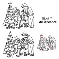 Dad and two daughters decorate the Christmas tree. Find 7 differences. Tasks for children. vector illustration