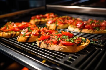removing freshly grilled bread from the oven for bruschetta