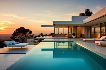 The appearance of a modern villa with a large pool among palm trees, architecture, design of a house or hotel.
