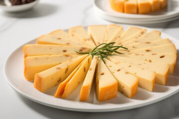 sliced smoked cheese with holes on a white plate