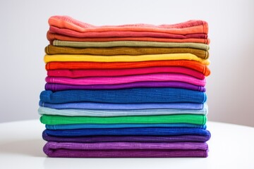 stack of folded yoga blankets in rainbow colors