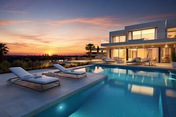 The appearance of a modern villa with a large pool among palm trees, architecture, design of a house or hotel. - Powered by Adobe