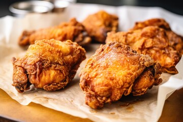 deep-fried chicken thigh pieces on parchment paper - obrazy, fototapety, plakaty