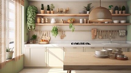 Modern white kitchen in Scandinavian style. Open shelves in the kitchen with plants and jars....