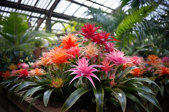 a cluster of bright bromeliads in a tropical greenhouse