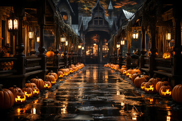 Ville de nuit avec des décorations d'halloween