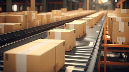 Closeup of multiple cardboard box packages seamlessly moving along a conveyor belt in a warehouse fulfillment center, a snapshot of e-commerce, delivery, automation and products.