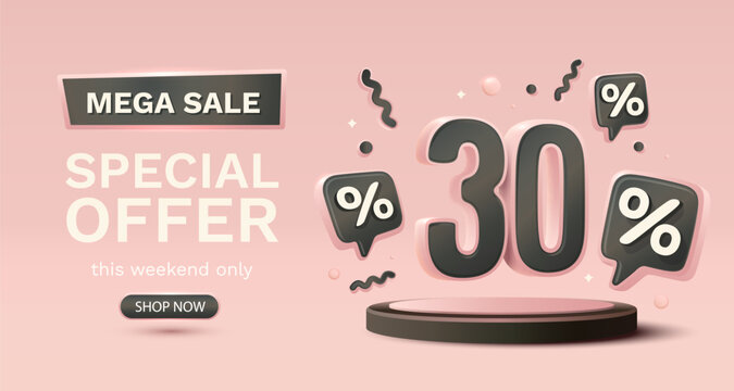 Special offer, mega sale, 30 present economy, market banner. Vector illustration