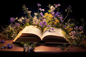 Wildflowers in an open book, juxtaposing the romance of nature and literature