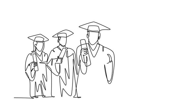 Self drawing animation of single line draw group of happy graduate male and female college student wearing gown and holding diploma certificate paper. Education. Continuous line. Full length animated
