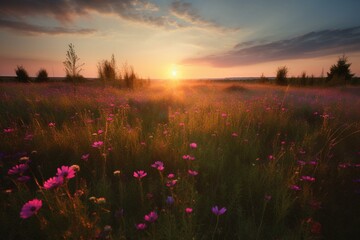 A stunning sunset over a vibrant meadow filled with beautiful violet and pink flowers. Generative AI