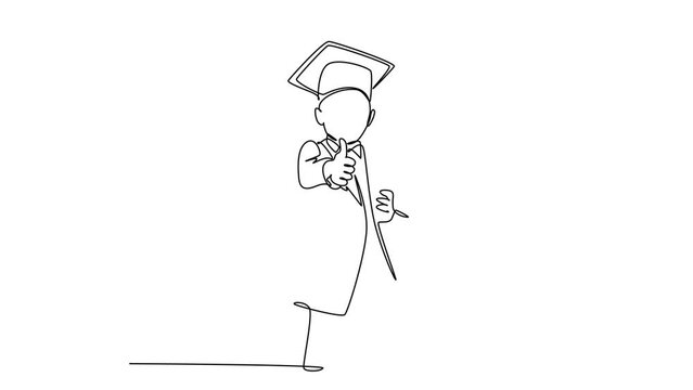 Animated Self Drawing Of Continuous Line Draw Young Happy Little Boy Student Wearing Graduation Hat And Giving Thumbs Up Gesture While Holding Graduation Paper Roll. Full Length Single Line Animation