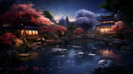 Digital painting of a Japanese temple with a river and clouds in the background