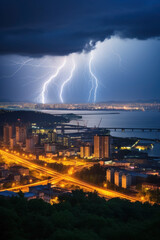 Thunder and lightning on the city. Photorealistic illustration.	