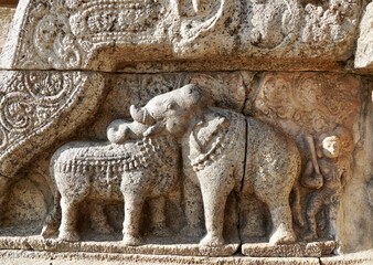 Bas relief Optical illusion carving of Bull and Elephant sculpture at Airavatesvara Temple in...
