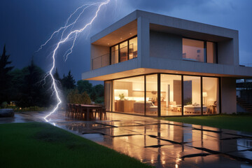 Lightning strikes a modern beach villa. - obrazy, fototapety, plakaty