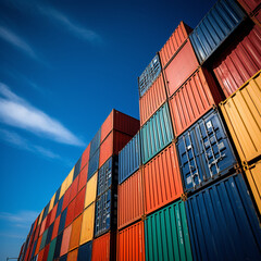 Fototapeta premium colorful container stack with blue sky background pictured from below 